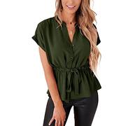 Damen-Blusen mit Knopfleiste, lässiges Schößchen, Sommer-Top, elegante Chiffon-Arbeitsbluse, Grün (Army Green), Groß