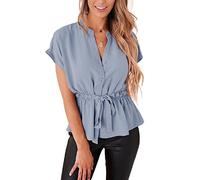 Damen-Blusen mit Knopfleiste, lässiges Schößchen, Sommer-Top, elegante Chiffon-Arbeitsbluse, Hell, blau, Groß