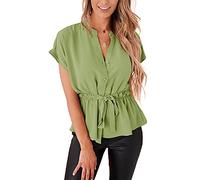 Damen-Blusen mit Knopfleiste, lässiges Schößchen, Sommer-Top, elegante Chiffon-Arbeitsbluse, Hellgrün