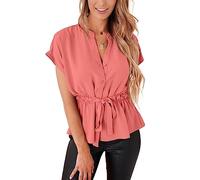 Damen-Blusen mit Knopfleiste, lässiges Schößchen, Sommer-Top, elegante Chiffon-Arbeitsbluse, Koralle, Mittel