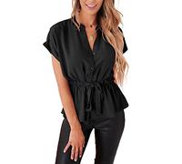 Damen-Blusen mit Knopfleiste, lässiges Schößchen, Sommer-Top, elegante Chiffon-Arbeitsbluse, Schwarz, X-Groß