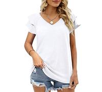 Damen Blusen mit V-Ausschnitt Rüschenärmeln Tunika-Oberteile lässig mit kurzen Ärmeln Workout-T-Shirt Sport Kurzarm-Tunika-Shirt einfarbig Blusen Doppellagiges Oberteil mit Rüschenärmeln