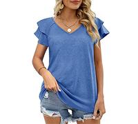 Damen Blusen mit V-Ausschnitt Rüschenärmeln Tunika-Oberteile lässig mit kurzen Ärmeln Workout-T-Shirt Sport Kurzarm-Tunika-Shirt einfarbig Blusen Doppellagiges Oberteil mit Rüschenärmeln