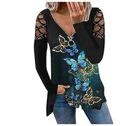 Damen Blusen Reißverschluss V-Ausschnitt T-Shirt Tops Elegante Langarm Oberteil Shirt Tunika Bluse Tuniken Langarmshirt Blumendruck Lose Shirt Top Große Größen Lässige Blusentops