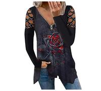 Damen Blusen Reißverschluss V-Ausschnitt T-Shirt Tops Elegante Langarm Oberteil Shirt Tunika Bluse Tuniken Langarmshirt Blumendruck Lose Shirt Top Große Größen Lässige Blusentops