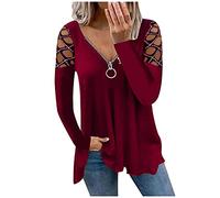 Damen Blusen Reißverschluss V-Ausschnitt T-Shirt Tops Elegante Langarm Oberteil Shirt Tunika Bluse Tuniken Langarmshirt Blumendruck Lose Shirt Top Große Größen Lässige Blusentops