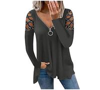 Damen Blusen Reißverschluss V-Ausschnitt T-Shirt Tops Elegante Langarm Oberteil Shirt Tunika Bluse Tuniken Langarmshirt Blumendruck Lose Shirt Top Große Größen Lässige Blusentops