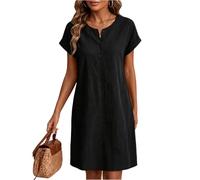 Damen Blusenkleid Sommer Kurzarm Kurz Sommerkleid mit Ärmel Knopfleiste Musselin Kleid A Linie Elegante Kleider Schick Sommerkleider Frauen Leicht und Luftig Strandkleid Shirtkleid Rundhals Casual
