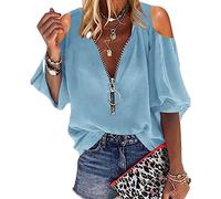 Damen Blusenoberteile mit kalten Schultern kurzärmelig lockerer Reißverschluss V-Ausschnitt T-Shirts lässige einfarbige Tunika kalte Schulteroberteile Sommeroberteile sexy Oberteile in Übergröße S-XXL