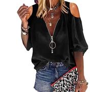Damen Blusenoberteile mit kalten Schultern kurzärmelig lockerer Reißverschluss V-Ausschnitt T-Shirts lässige einfarbige Tunika kalte Schulteroberteile Sommeroberteile sexy Oberteile in Übergröße S-XXL