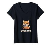 Damen Boba Fox Design Niedlicher Fuchs Bubble Tea Kawaii T-Shirt mit V-Ausschnitt