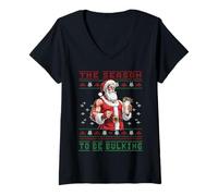 Damen Bodybuilder Weihnachtsmann Bulking Ugly Sweater Fitness T-Shirt mit V-Ausschnitt