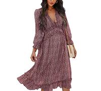 Damen Böhmisch Kleider Sommerkleider Tiefer V-Ausschnitt Langarm Kleider Rüschenärmel Casual Strandkleid Blumenkleid Elegant High Waist Cocktailkleid Strandkleid Chiffon Midi-Boho-Kleid Weinrot XL