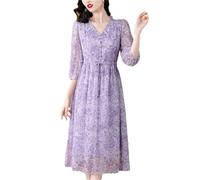 Damen Bohemian Floral Printed Dress V-Ausschnitt 3/4 Ärmel Casual A-Linie Midi Kleider, lavendel, L