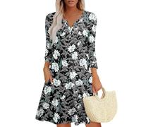 Damen Bohemian Langarm Kleid V-Ausschnitt Blumenmuster Tunikakleider A Linien Lose Lässiges Freizeitkleid MiniKleid Schwarz L