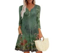 Damen Bohemian Langarm Kleid V-Ausschnitt Blumenmuster Tunikakleider A Linien Lose Lässiges Freizeitkleid MiniKleid Grün S