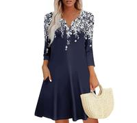 Damen Bohemian Langarm Kleid V-Ausschnitt Blumenmuster Tunikakleider A Linien Lose Lässiges Freizeitkleid MiniKleid blau L