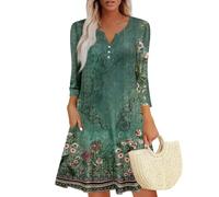 Damen Bohemian Langarm Kleid V-Ausschnitt Blumenmuster Tunikakleider A Linien Lose Lässiges Freizeitkleid MiniKleid Grün L