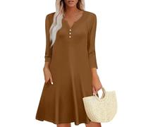 Damen Bohemian Langarm Kleid V-Ausschnitt Blumenmuster Tunikakleider A Linien Lose Lässiges Freizeitkleid MiniKleid braun XL