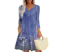 Damen Bohemian Langarm Kleid V-Ausschnitt Blumenmuster Tunikakleider A Linien Lose Lässiges Freizeitkleid MiniKleid Violett L