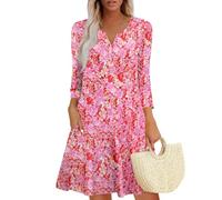 Damen Bohemian Langarm Kleid V-Ausschnitt Blumenmuster Tunikakleider A Linien Lose Lässiges Freizeitkleid MiniKleid pink S