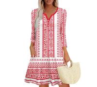 Damen Bohemian Langarm Kleid V-Ausschnitt Blumenmuster Tunikakleider A Linien Lose Lässiges Freizeitkleid MiniKleid Rot L
