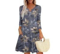 Damen Bohemian Langarm Kleid V-Ausschnitt Blumenmuster Tunikakleider A Linien Lose Lässiges Freizeitkleid MiniKleid grau L