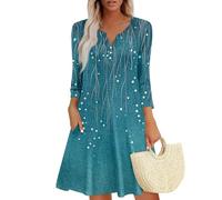 Damen Bohemian Langarm Kleid V-Ausschnitt Blumenmuster Tunikakleider A Linien Lose Lässiges Freizeitkleid MiniKleid Grün L