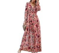 Damen Bohemian Maxikleid Chiffon Langarm V-Ausschnitt Rüschen Elegant Flowy Floral Party Kleid, mehrfarbig, 38