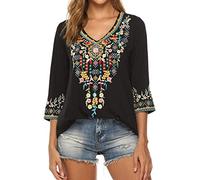 Damen Boho Bestickte Oberteile 3/4 Ärmel Böhmische Lose Tunika Blusen Boho Tunika Hippie Kleid Gestickt Blumen Strandkleid Sommerkleid V-Ausschnitt Blumenkleid Loose T-Shirt Kleid Floral Minikleid