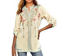 Damen Boho Bestickte Oberteile Langarm Ärmel Böhmische Lose Tunika Blusen Boho Tunika Hippie Gestickt Blumen Loose T-Shirt Bluse Langarm Puff Sleeves Tops Knopf Stand Collar Stehkragen Chiffon Shirt