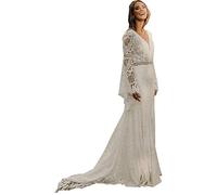 Damen Boho Hochzeitskleider für Braut mit Langarm Übergröße Spitze Strand Brautkleider Bohemian Hochzeitskleider, Siehe Abbildung, 38