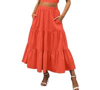 Damen Boho Maxi Midi Rock Elastisch Hohe Taille Plissee A-Linie Flowy Swing Langer Maxi Rock mit Taschen Rock Long Damenkleid Plissee Elastische Fließender Sommer Strand Stufenrock (01 Orange, L)