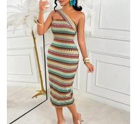 Damen Boho-Midi-Kleid mit gestreiftem Strickmuster, Off-Shoulder, figurbetont, elastisch, eleganter Stil für Party und Sommer