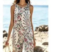 Damen Boho-Stil elegantes ärmelloses Rundhals-Kleid mit kleinen Blumen für Sommer Strandurlaub