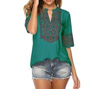 Damen Boho Tunika Hippie Kleid Gestickt Blumen Strandkleid Sommerkleid V-Ausschnitt Blumenkleid Loose T-Shirt Kleid Floral Minikleid Boho Bestickte Oberteile 3/4 Ärmel Böhmische Lose Tunika Blusen