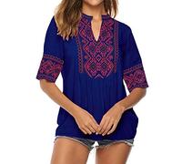 Damen Boho Tunika Hippie Kleid Gestickt Blumen Strandkleid Sommerkleid V-Ausschnitt Blumenkleid Loose T-Shirt Kleid Floral Minikleid Boho Bestickte Oberteile 3/4 Ärmel Böhmische Lose Tunika Blusen