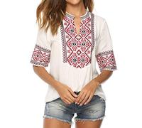 Damen Boho Tunika Hippie Kleid Gestickt Blumen Strandkleid Sommerkleid V-Ausschnitt Blumenkleid Loose T-Shirt Kleid Floral Minikleid Boho Bestickte Oberteile 3/4 Ärmel Böhmische Lose Tunika Blusen