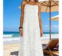 Damen Boho weißes Trägerkleid mit Spaghettiträgern, ärmellos, lang, Camisole-Stil, mit Lochstickerei, aus halbtransparentem gewebtem Stoff, ausgestell