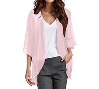 Damen Bolero Festlich Chiffon Bolerojacke 3/4 Ärmel Cardigan Open Front Frauen Elegant Leichte Dünn Schulterjacke Bolerojacke Tops für Abendkleid Kleid Badeanzug Hochzeit Elegante (Pink-D, XXXL)