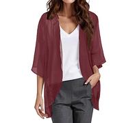 Damen Bolero Festlich Chiffon Bolerojacke 3/4 Ärmel Cardigan Open Front Frauen Elegant Leichte Dünn Schulterjacke Bolerojacke Tops für Abendkleid Kleid Badeanzug Hochzeit Elegante (Wine-D, XXXXL)