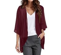 Damen Bolero Festlich Chiffon Bolerojacke 3/4 Ärmel Cardigan Open Front Frauen Elegant Leichte Dünn Schulterjacke Bolerojacke Tops für Abendkleid Kleid Badeanzug Hochzeit Elegante (Wine-A, XXXL)