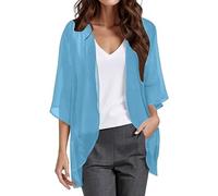 Damen Bolero Festlich Chiffon Bolerojacke 3/4 Ärmel Cardigan Open Front Frauen Elegant Leichte Dünn Schulterjacke Bolerojacke Tops für Abendkleid Kleid Badeanzug Hochzeit Elegante (Blue-A, L)