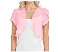 Damen Bolero Shrugs für Kleid - Sommer, leicht, durchscheinend, Puff, kurze Ärmel, vorne offen, bauchfreie Chiffon-Strickjacke, rose, 48