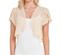 Damen Bolero Shrugs für Kleid - Sommer, leicht, durchscheinend, Puff, kurze Ärmel, vorne offen, bauchfreie Chiffon-Strickjacke, beige, 38