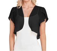 Damen Bolero Shrugs für Kleid - Sommer, leicht, durchscheinend, Puff, kurze Ärmel, vorne offen, bauchfreie Chiffon-Strickjacke, Schwarz , 48