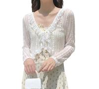 Damen Bolero Strickjacke mit Langen Ärmeln Häkelspitze Offener Cardigan mit Bindebändern Eleganter Bolero Strickjacke Transparenter Schal Top Überwurf für Kleider Abendgarderobe Hochzeit Weiß Xs