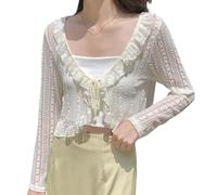 Damen Bolero Strickjacke mit Langen Ärmeln Häkelspitze Offener Cardigan Zum Binden Elegante Bolero Strickjacke mit Transparentem Schal Oberteil Überwurf für Abendkleider und Hochzeiten Aprikose Xs