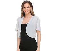 Damen-Bolero, weicher Chiffon, vorne offen, durchscheinend, kurze Ärmel, kurze Strickjacke für Abendkleid, silber, Medium