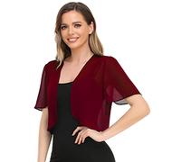 Damen-Bolero, weicher Chiffon, vorne offen, durchscheinend, kurze Ärmel, kurze Strickjacke für Abendkleid, Weinrot, Large